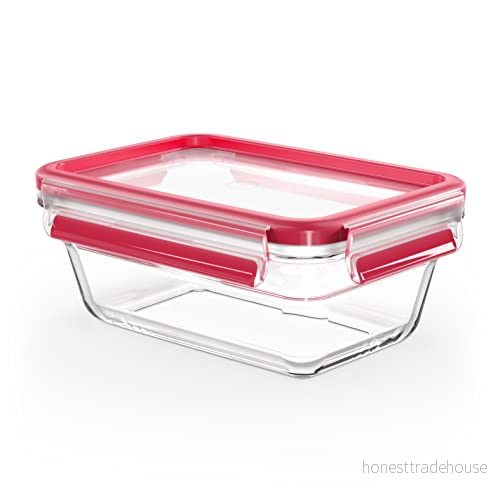 Emsa N10408 Clip & Stäng glas matförvaringsburk 0,85 l stapelbar fryssäker ugnssäker mikrovågsugnssäker halkfri stapling 100% tät diskmaskinssäker transparent/röd 4009049537801