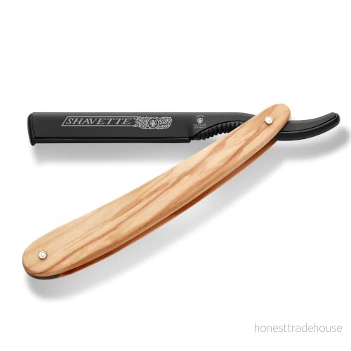 DOVO Shavette Rakkniv med olivträhandtag och svart anodiserat huvud I rakblad utbytbara blad barberare Double Edge 4045284010273