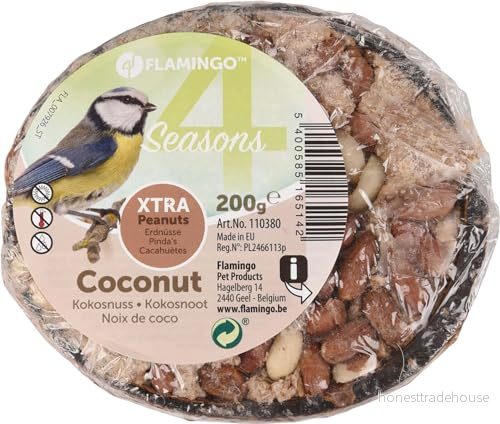 Flamingo Fågelfrön Halv kokosnöt fylld med nötter 200 g naturlig fågelmatare utomhus 5400585165142