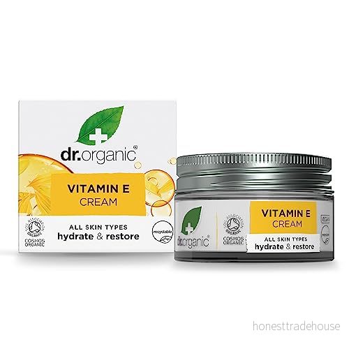 Dr Organic Vitamin E kräm, hydrering, alla hudtyper, naturlig, vegan, krispfri, paraben & SLS fri, plastfri, återvunnen och återvinningsbar, certifierad ekologisk, 50 ml, förpackning kan variera 5060176672161