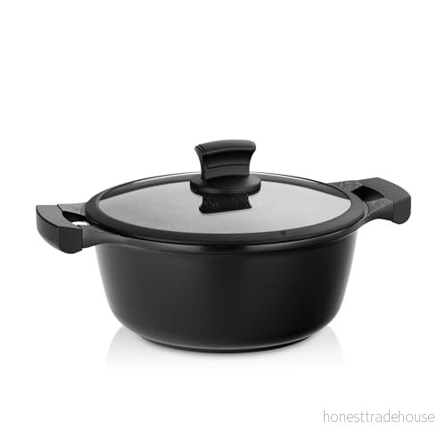 Kela 12219, kastrull med glaslock, non stick beläggning, aluminium, lämplig för induktionshällar, 3,5 liter, 24 cm i diameter, stjärna nio, svart 4025457122194
