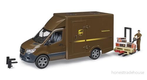 bruder 02678 Mercedes Benz Sprinter UPS med förare handlyftvagn och fraktlådor frakt logistik transportör pakettjänst skåpbil lastbil 1:16 4001702026783