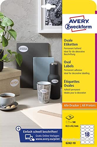 AVERY Zweckform 624210 ovala etiketter (180 självhäftande etiketter, 63,5 x 42,3 mm på A4, klistermärken för tryck, produktetiketter, permanent syltetiketter) 10 4004182162156