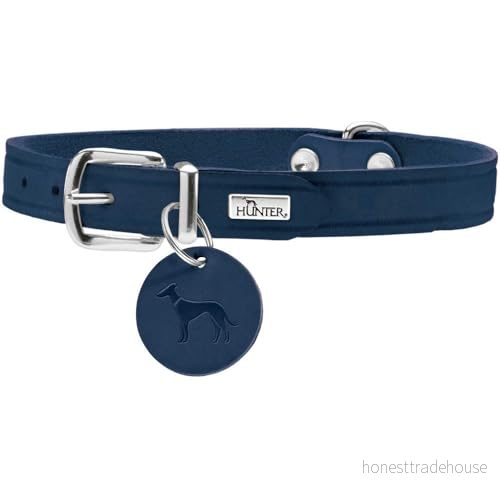 HUNTER AALBORG Hundhalsband, läder, enkel, robust, bekväm, 32 (XS), mörkblå 4016739683304
