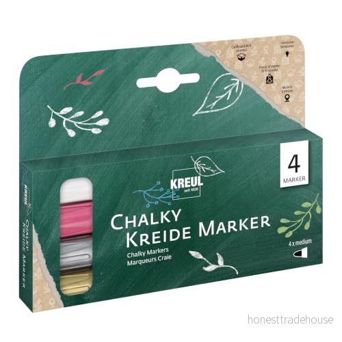 Kreul 22708 Chalky kritmarkörer, 4 pennor, medium, matt, täckande, ljusäkta, snabbtorkande, set med icke permanenta kritsmarkörer för målning och skrivning av paneler 4000798120320