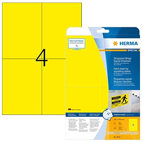HERMA 8032 väderbeständiga folieetiketter A4 (105 x 148 mm, 25 ark, polyesterfolie, matt) självhäftande, utskrivbara, extremt stark häftande utomhus signaletiketter, 100 klistermärken, gul 4008705886048