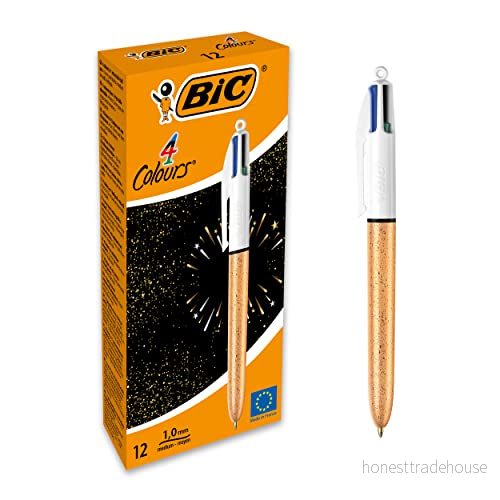 BIC 4 färger kulspetspenna medium spets (1,0 mm) frostad guldstrukturerad kropp, låda med 12 st 3086123595125