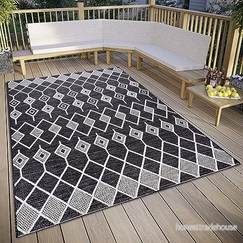 ELLE Decoration Pitu in och utomhatta makramé boho etnomönster platt tyg, väderbeständig för vardagsrum, hall, balkong, terrass, trädgård svart kräm, 155 x 230 cm 4262377779606