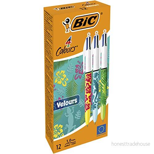BIC Kulspetspenna i 4 färger, velour, med sammetslen yta djungelmotiv, 12 pack, perfekt för kontoret, hemmakontoret eller skolan 3086123542532