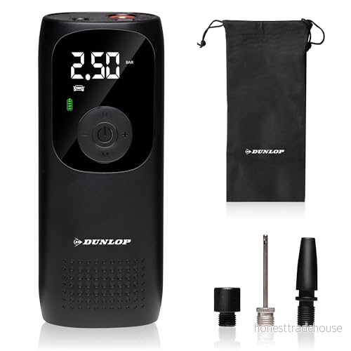 Dunlop Bärbar Luftkompressor 150 PSI Trådlös Bildäckspump med USB C anslutning Cykelpump för alla ventiler Bollpump Kompressor 10 bar manometer Plast Svart 8711292000945