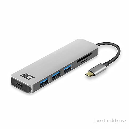 ACT Hub USB C 3.1 Gen1 (USB 3.0) och kortläsare (kortläsare), portar: 3x A uttag, 1x typ uttag med PD genom port, kabellängd 0,15 m, ALUMINIUM hus (AC7050) 8716065395556