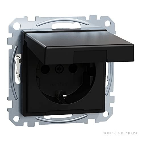 Merten Schuko uttag med gångjärnslock, kontaktskydd, uttag, svart matt, system M, MEG2310 0403, jordkontaktuttag 4042811231996