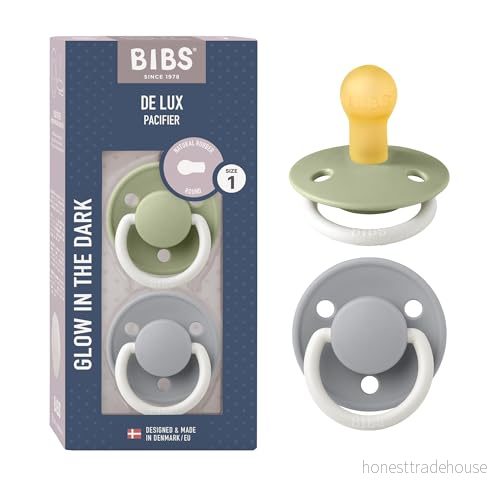 BIBS De Lux Napp 2 pack, BPA fri, Rund sugdel. Naturgummilatex, Storlek 1 (0 6 månader), Sage NIGHT/Cloud NIGHT 5713795200764