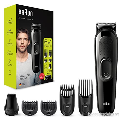 Braun 6 i 1 allt ett serie 3, manlig groomingkit med skäggtrimmer, hårklippare och precisionstrimmer livstids vassa blad, 5 tillbehör, gåvor för män, UK 2 stiftskontakt, MGK3235, svart rakhyvel 4210201398806