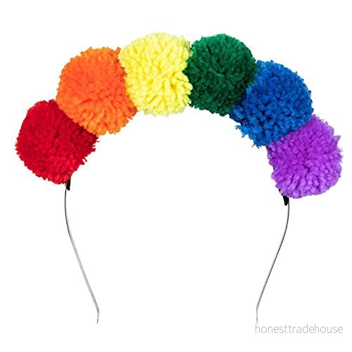Boland 44730 Regnbåge med pompom tiara, hårband flerfärgade poms, huvudbonad, CSD, karneval, temafest 8712026447302