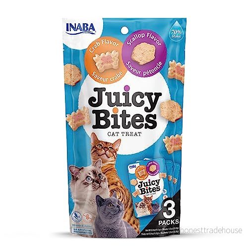INABA Juicy Bites kattgodis snacks väskor med saftig kärna i roliga former munvänliga kattsnacks 2 smaker, krabbor och pilgrimsmusslor, 3 påsar x 11 g 8859387701701