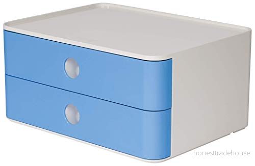 HAN Allison Smart Box med 2 lådor och skiljevägg, kabeldragning, stapelbar, redskapslåda för kontor, skrivbord kök, möbelvänliga gummifötter, 1120 84, högglans, himmelsblå 4012473112087