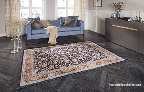Elle Decor Design matta orientalisk Keshan Maschad vardagsrumsmatta (120 x 160 cm, 100 % polyester, golvvärme lämplig robust, enkel rengöring), marinblå 4260659061609