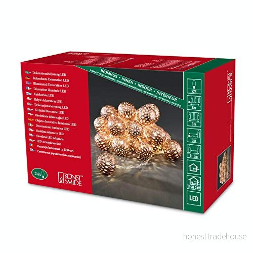 Konstsmide LED dekorativ ljuskedja, bronsfärgade metallbollar, 24 varma vita dioder, V innertrafo, transparent kabel 3156 603 7318301566037