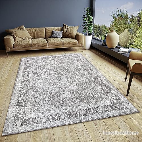 Hanse Home Aseno matta orientalisk löpare klassiskt vävd med kant, vintagelook, lätt glänsande, platt tyg för sovrum, matsal, vardagsrum, hall grå, 80 x 165 cm 4068226000781