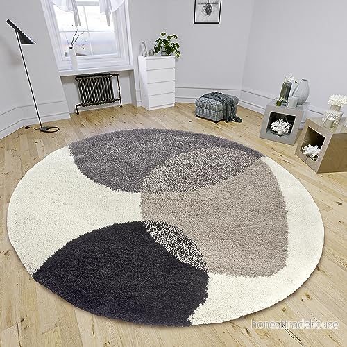 HANSE Home Arti matta med hög lugg rund vardagsrumsmatta, lång lugg, lurvig modernt mönster, fluffig mjuk för vardagsrum, sovrum, ungdomsrum gräddvit grå svart, 120 cm 4262377778616