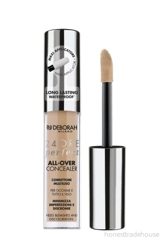 Deborah Milano 24 timmars perfekt allt över vätskeconcealer med hyaluronsyra, 04 apricot, lång tätning, vattentät, hög täckförmåga och fuktgivande effekt, minimerar mörka ringar 8009518388886