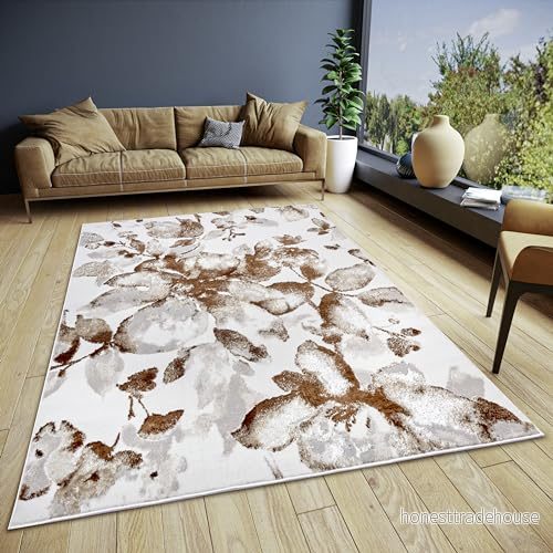 HANSE Hem blommig matta, vardagsrum kort lugg, vardagsrumsmatta, i blommönster, design, löpare för sovrum, matsal, vardagsrum, hall, kök vit brun, 160 x 235 cm 4068226002525