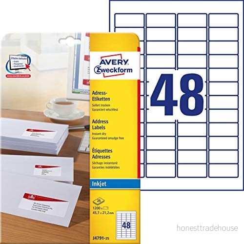 AVERY Zweckform J4791 25 adressetiketter/adressklistermärken (1 200 etiketter, 45,7 x 21,2 mm på A4, tryckbar, självhäftande, för avsändaretiketter, papper matt, bläckstråleskrivare) ark, vit 4004182047910
