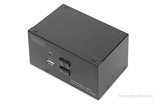 DIGITUS KVM Switch HDMI 2 portar med dubbla skärmar datorer bildskärmar 1x mus, tangentbord och ljud för UHD 4K@30Hz (3840 x 2160p) Hot Key USB 2.0 Hub Svart 4016032467168
