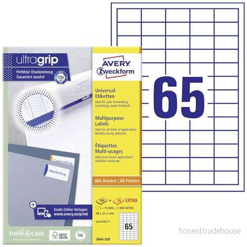 AVERY Zweckform 3666200 universella etiketter (13 000 plus 1 300 självhäftande extra, 38 x 21,2 mm på A4, matt papper, individuellt tryckbart, klistermärken med ultragrepp) 4004182249451