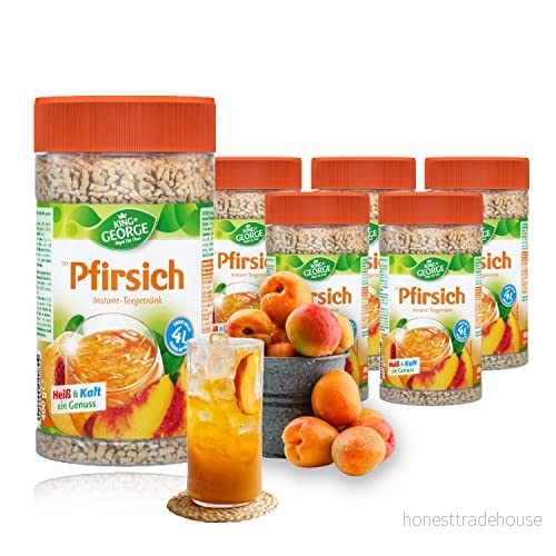 KING GEORGE Royal Tea Time, persika snabbdryck 6 x 400 g, varmt och kallt en njutning, omedelbar te dryck med persikosmak, resulterar i upp till 4 l, svart teextrakt 4021155140829