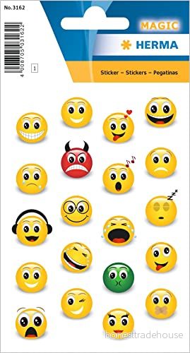 HERMA 3162 klistermärken smiley liten, 20 stycken, 3D belöningsklistermärken med roligt emoji ansiktsmotiv, barnetiketter för skola grundskola elever dagbok scrapbooking födelsedag dekoration 4008705031622