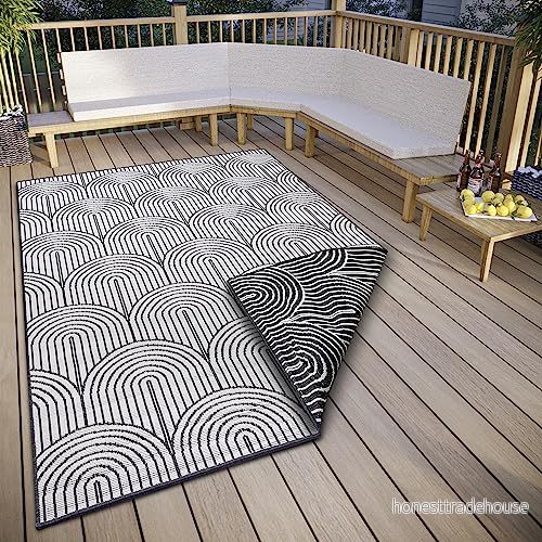 HANSE Home Pangli utomhatta väderbeständig vändmatta skandinavisk bohostil vattentät enfärgad geometrisk 3D-effekt för trädgård, balkong, terrass, vardagsrum svart, 200 x 290 cm 4262377779965