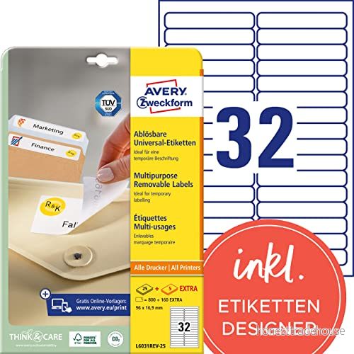 AVERY Zweckform L6031REV 25 universella etiketter (800 plus 160 självhäftande extra, 96 x 16,9 mm på A4, avtagbar utan att lämna några rester, tryckbara, klistermärken) 30 ark, 4004182060315