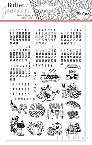 Aladine Bullet Journal "Month" stämpelkit 25 universella månadsstämplar årskalender tillbehör, Planner, Agenda Stampo 03939 3660016039394