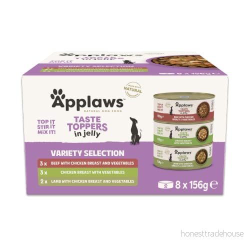 Applaws Knapp toppers Natural våt hundmattopp, Meat urval med vegetables i gelé 156 g tin (8 x bläck) 5060481898638