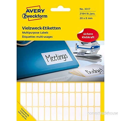 Avery Zweckform 3317 hushållsetiketter självhäftande (20 x 8 mm, 2,184 klistermärken på 28 ark, multifunktionsetiketter för hushåll, skola och kontor märkning markering) blank, vit 4004182033173
