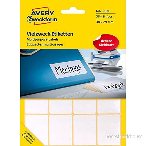 Avery Zweckform 3326 hushållsetiketter självhäftande (38 x 29 mm, 384 klistermärken på 24 ark, multifunktionsetiketter för hushåll, skola och kontor märkning registrering) blank, vit 4004182033265