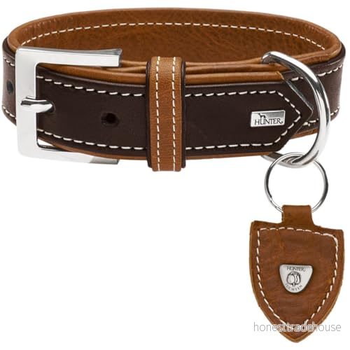HUNTER TARA hundhalsband, läder, oxläder, slitstark, väderbeständig, 45 (S), mörkbrun/konjak 4016739656865