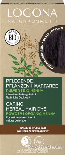 LOGONA Naturkosmetik närande vegetabilisk hårfärg, veganskt hårfärgspulver med ekologisk henna för intensiv färg och glans, växthårfärg i svartbrun (brun), 1 x 100 g 4055297149099