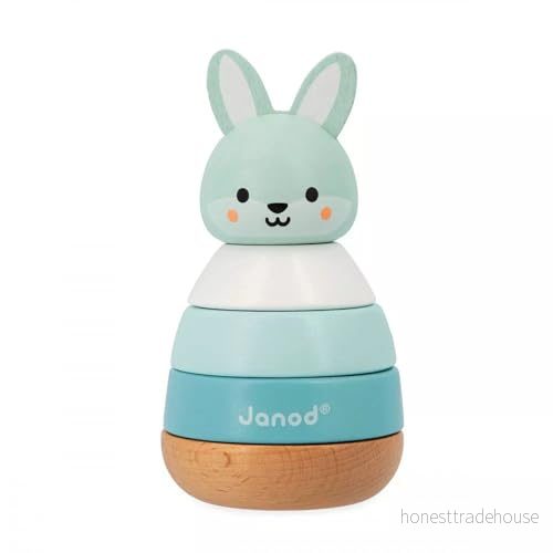Janod Stapelbar träkanin, FSC 4 delar Awakening Toy och First Age utvecklar finmotorik WWF partnerskap från 12 månader, J08653, blå 3700217386535