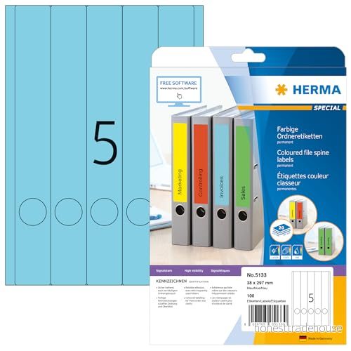 HERMA 5133 mappetiketter A4 smal/lång (38 x 297 mm, 20 ark, papper, matt) självhäftande, utskrivbara, permanenta mappa ryggetiketter, 100 filetiketter, blå 4008705051330