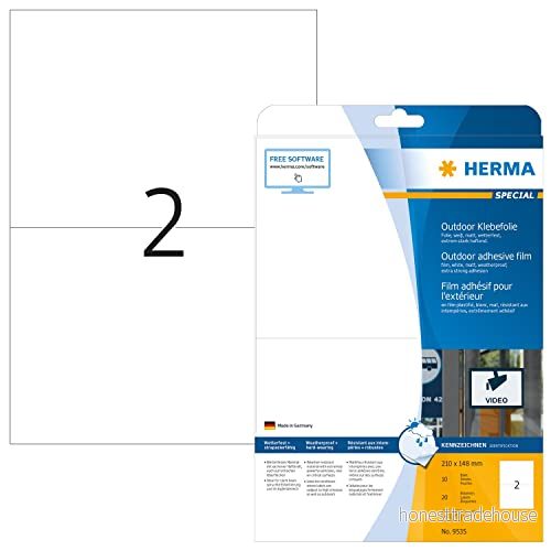 HERMA 9535 väderbeständiga folieetiketter A4, set med 32 (210 x 148 mm, 320 ark, polyeten, matt) självhäftande, utskrivbara, extremt stark häftande utomhus filmetiketter, 640 klistermärken, vit 4008705874281