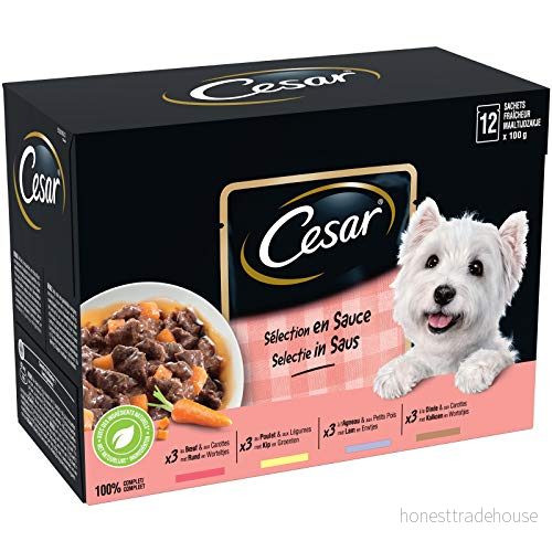 CESAR måltid för hundar 48 färska påsar (4 förpackningar med 12 x 100 g) våtfoder i sås nötkött/kyckling/lamm/kalkon helfoder och balanserad kost naturlig 8410136019876