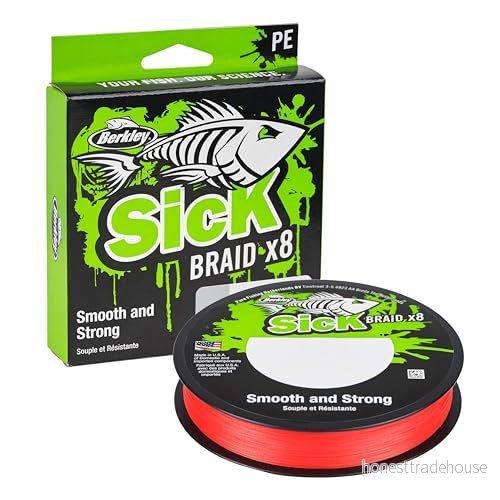Berkley Sick Flaid 8 strängar flätad fiskelina, superslät bärare multifilament PE fläta rovdjur fiskelina 150/300 m för sötvatten och saltvatten havsfiske, unisex, röd 28632982495
