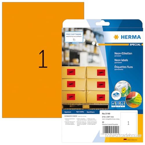HERMA 5149 neonetiketter A4, set med 32 (210 x 297 mm, 640 ark, papper, matt) självhäftande, utskrivbara, permanenta färgade etiketter, klistermärken, neon orange 4008705873529