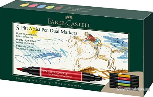 Faber Castell 162005 Pitt Artist Pen Dual Marker bläckpenna, med två spetsar, en penselspets och metallinfattad fiberspets, 5 kartongfodral 4005401620051