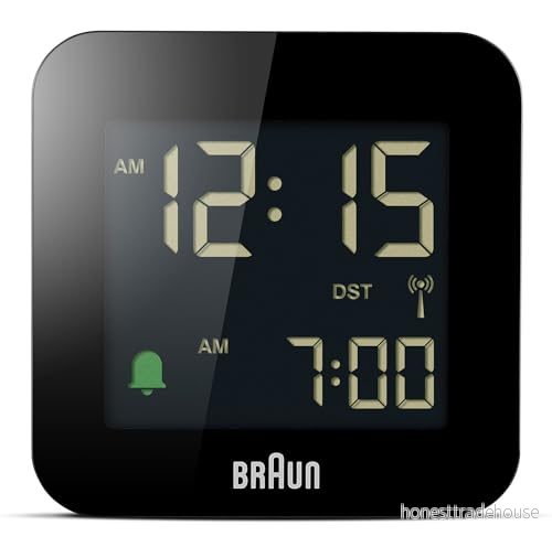 Braun Digital Radio Controlled Travel Alarm Clock For Central European Time Zone (DCF) with Snooze, Compact Size, Negative LCD Display, Quick Set, Crescendo Beep in Black, model BC08B DCF. 5013348620170