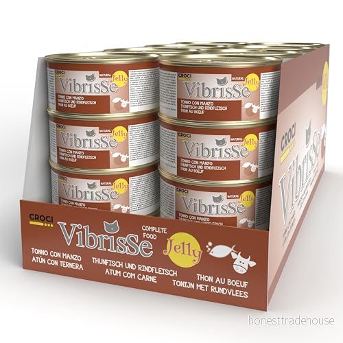Croci Vibrisse kattmat, våtfoder i gelé, med tonfisk och nötkött, läckra gelémat, 24 burkar 70 g 8023222154315