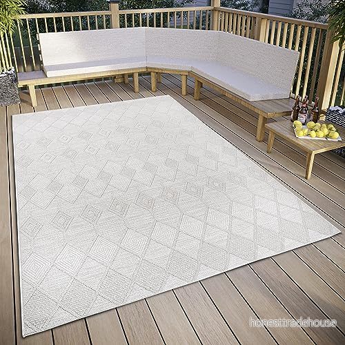 ELLE Decoration Pitu in och utomhatta makramé boho etnomönster platt tyg, väderbeständig för vardagsrum, hall, balkong, terrass, trädgård kräm, 77 x 150 cm 4262377779460